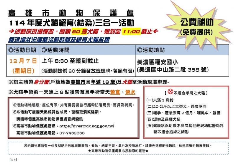 高雄毛孩幸福行動！12/7美濃區免費犬貓三合一絕育活動登場